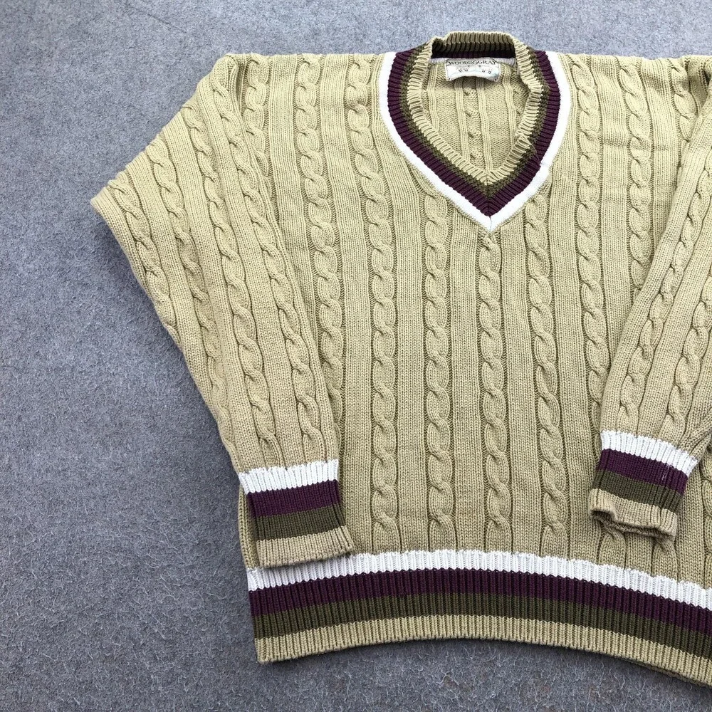 Vintage Woods & Gray Sweater Mens Medium Beige Cable Knit V Neck Hong Kong